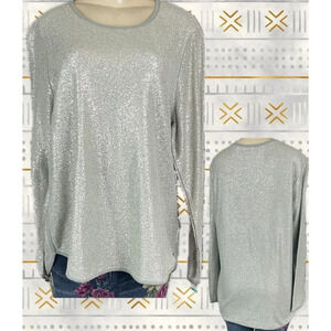 Style & Co +0X Gray Metallic Sparkle Crew Neckline Curved Hem Long Sleeve Top